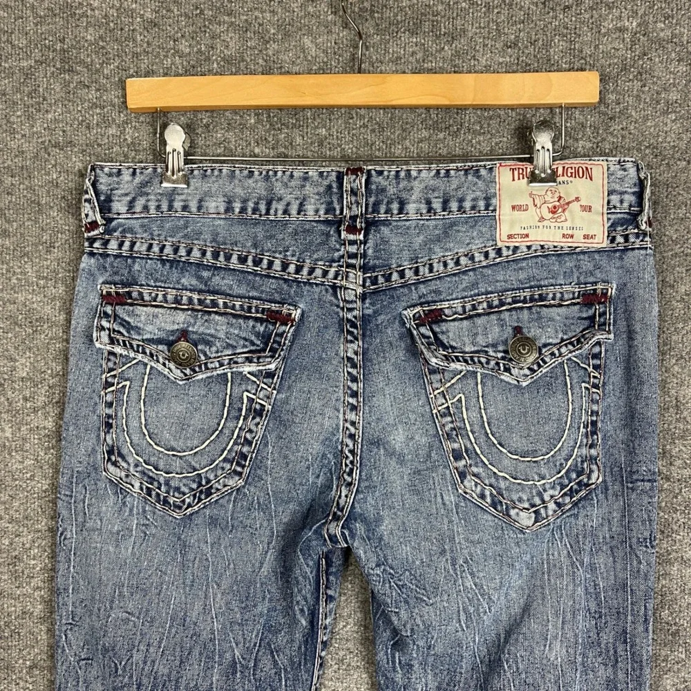 True Religion Ricky Relaxed Straight Jeans Mens 36 Blue Excellent Acid Wash